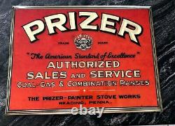 Vintage Prizer Painter Stove Works Metal Toc Tin Over Cardboard Sign Reading Pa