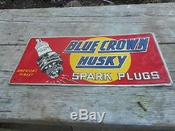 Vintage RARE Original BLUE CROWN HUSKY SPARK PLUGS Tin Advertising SIGN