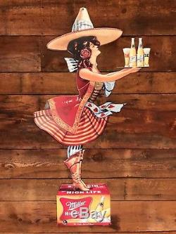 Vintage Rare Miller Girl On Box Huge Tin Beer Sign