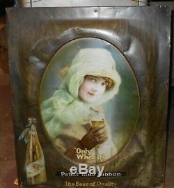 Vintage Rare Tin Self Framed Pabst Blue Ribbon Beer Sign Pretty Girl 20 X 24 In