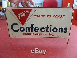 Vintage Rare Tom's Confections embossed tin sign with frame for store rack, 1963