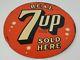 Vintage Real 7up Sold Here Painted Tin Double Sided Round Sign 8 Bubbles 14 Inch