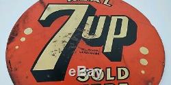 Vintage Real 7Up Sold Here Painted Tin Double Sided Round Sign 8 Bubbles 14 Inch