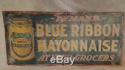 Vintage Richard Hellmans Blue Ribbon Mayonnaise Embossed Tin Sign RARE