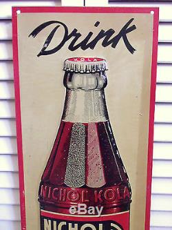 Vintage Sign Nichol Cola Soda Fountain Fluted Bottle 5 cents Embossed Tin Metal