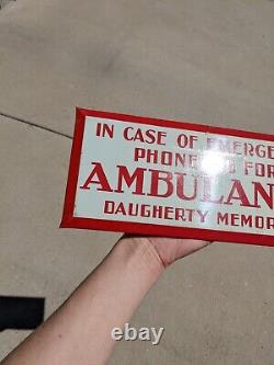Vintage Sign Tin Over Cardboard Daugherty Memorial Emergency Ambulance call 138
