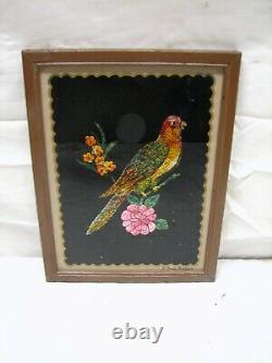 Vintage Signed Tin Foil Folk Art Parrot Reverse Painted Bird Picture Tinsel