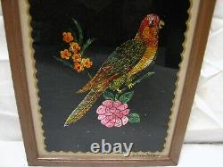 Vintage Signed Tin Foil Folk Art Parrot Reverse Painted Bird Picture Tinsel