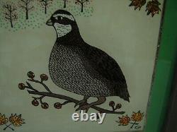 Vintage Signed Tin Foil Folk Art Reverse Painted Quail Bird Picture Tinsel