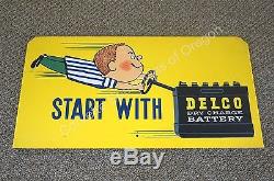 Vintage Start With Delco Battery Tin Sign Freshie Boy OK Dealership Display