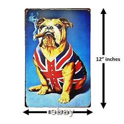 Vintage Style British Bulldog with Cigar Decorative Tin Sign 12 x 8, Blue