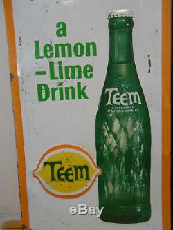 Vintage Teem Cola 26 X 22 Lemon Soda Bottle Tin Menu Sign Clean Rare