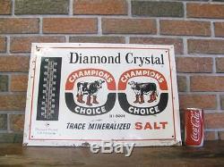 Vintage Tin Diamond Crystal Mineral Salt Champions Choice Thermometer Farm Sign