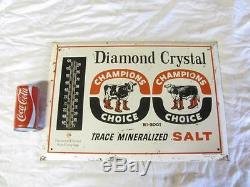 Vintage Tin Diamond Crystal Mineral Salt Champions Choice Thermometer Farm Sign