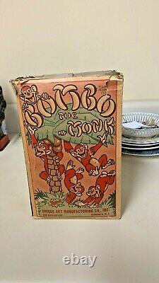 Vintage Tin Litho Bombo Monkey Toy Works Key Included Signed Unique Art / Box