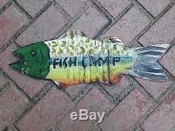 Vintage Tin Metal Fish Sign FISH CAMP Sign Original Paint