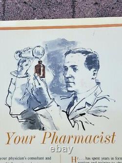 Vintage Tin Over Cardboard Your Pharmacist Sign Store Display USA