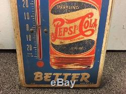 Vintage Tin Pepsi Cola Thermometer Sign Bigger Better Blue Bottle 15-1/2 tall
