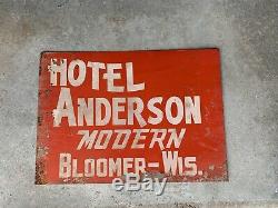 Vintage Tin Sign Original Anderson Hotel Bloomer Wisconsi Reflective 28x20 Mcm