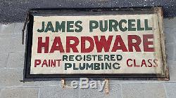 Vintage Tin painted hardware store sign in wood frame James Purcell