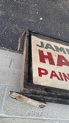 Vintage Tin painted hardware store sign in wood frame James Purcell