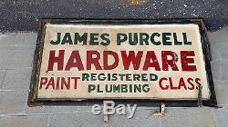 Vintage Tin painted hardware store sign in wood frame James Purcell