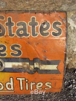 Vintage US TIRES METAL Sign c. 1974 OIL CAN gas station EARLY TIN TACKER