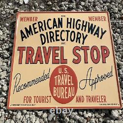 Vintage Us Travel Bureau Embossed Sign American Highway Tin Tacker Gas Station