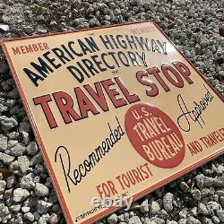 Vintage Us Travel Bureau Embossed Sign American Highway Tin Tacker Gas Station