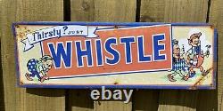 Vintage Whistle Soda Pop Store Cola Drink Gas Oil Gnome 27 Tin Tacker RARE Sign