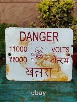 Vintage White & Red 11000 Volts Power Danger Warning Enamel Tin Sign Board