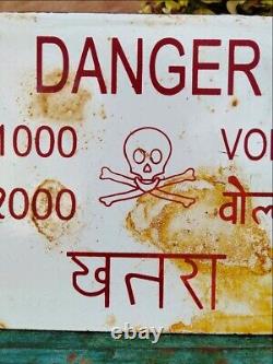 Vintage White & Red 11000 Volts Power Danger Warning Enamel Tin Sign Board