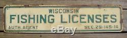 Vintage Wisconsin Fishing License Metal Tin 2 Sided Sign Original Old RARE Cabin