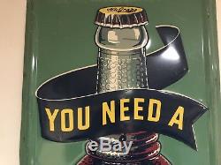 Vintage You Need A NuGrape Soda Vertical Embossed Tin Sign Bottle Graphic Stout
