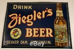 Vintage Ziegler Beer Sign Tin Over Cardboard Beaver Dam Wisconsin