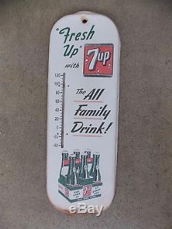 Vintage old 1950's 7 UP tin advertising thermometer soda porcelain sign WORKS
