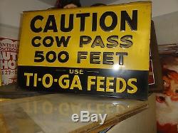 Vintage original Cow Pass cattle crossing Ti O Ga Feed tin advertising sign Rare