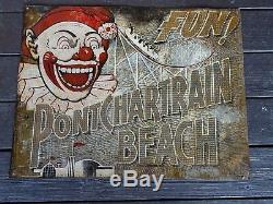 Vintage original tin sign Pontchartrain beach amusement park clown coaster RARE