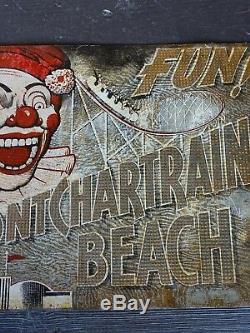 Vintage original tin sign Pontchartrain beach amusement park clown coaster RARE