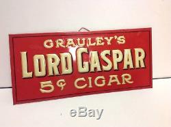 Vintage tin over cardboard Grauleys-Lord-Casper-Hanging-Cigar-Sign 13 x 7 mint