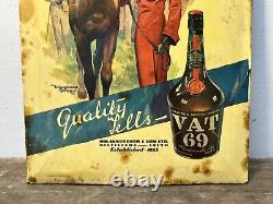 Vtg 1930s VAT 69 Scotch Whiskey Advertising Celluloid On Tin Sign 12.5 Jockey
