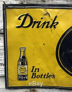 Vtg 1937 HIRES ROOT BEER Soda Pop Embossed Tin Tacker Sign 27.5x 9.75 Rare