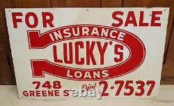 Vtg 1940's 50's Lucky's Insurance Loans Tin Lucky Horseshoe Sign Gas Oil 13.5x20