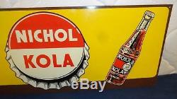 Vtg 1940s-50s Nichol Kola horizontal tin soda sign with bottle majorette 30x12