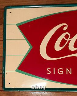Vtg 1950s 60s COCA COLA Soda Fishtail & Bottle Sign 31.75 Tin Soda Pop Ad NM