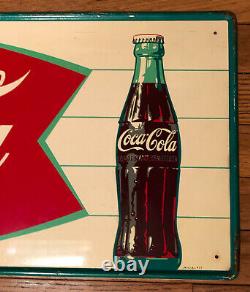 Vtg 1950s 60s COCA COLA Soda Fishtail & Bottle Sign 31.75 Tin Soda Pop Ad NM
