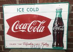 Vtg 1960s Coca-Cola Soda Fishtail & Bottle Sign Tin 28x20 Soda Pop Advertising