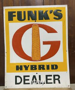 Vtg 60s FUNK'S G HYBRID CORN Dealer DST Tin Embossed Advertising Sign 23x29