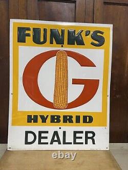 Vtg 60s FUNK'S G HYBRID CORN Dealer DST Tin Embossed Advertising Sign 23x29
