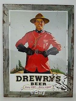 Vtg Drewrys Beer Extra Dry Extra Light Royal Canadian Mountie Police Tin Sign